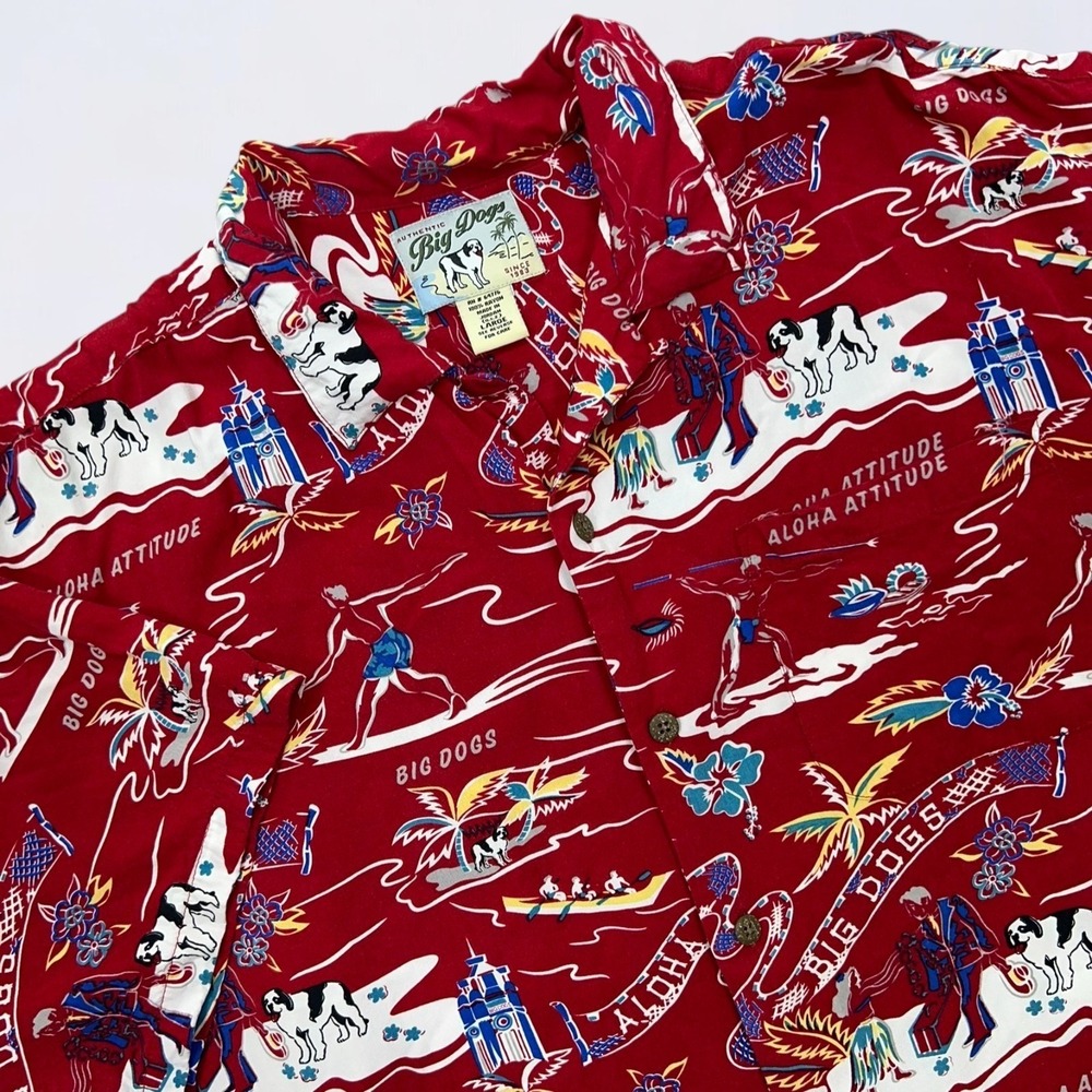 Big Dogs Aloha Attitude Shirt Mens L Red Hawaiian Rayon Button Up Short Sleeve